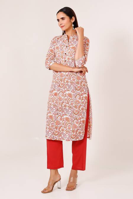 Buy Pheeta Off White Cotton Printed Floral Mandarin Collar Kurta And Red Pant Set at Aza Fashions Buy_Pheeta_Off White Cotton Printed Floral Mandarin Collar Kurta And Red Pant Set _at_Aza_Fashions