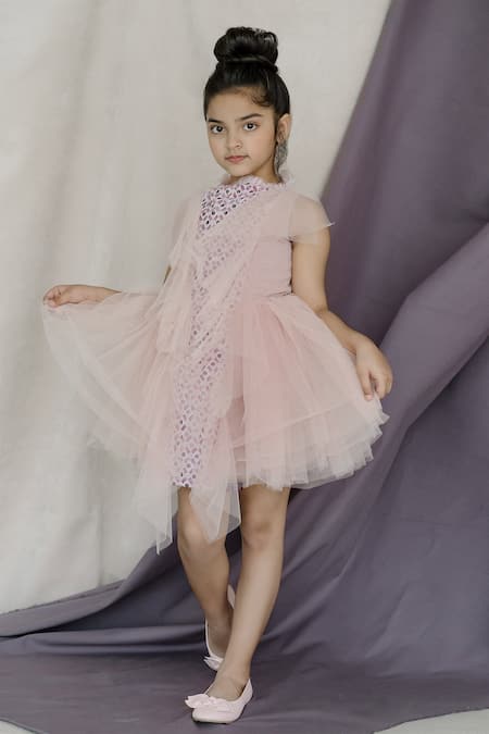 Swati Golyan Pink Net Embroidery Geometric Ruffle Layer Dress