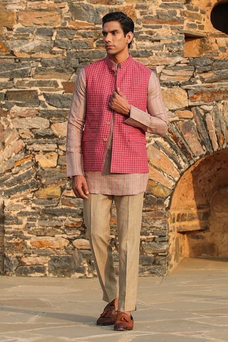 Raw & Rustic by Niti Bothra Checkered Bundi & Striped Kurta Set 