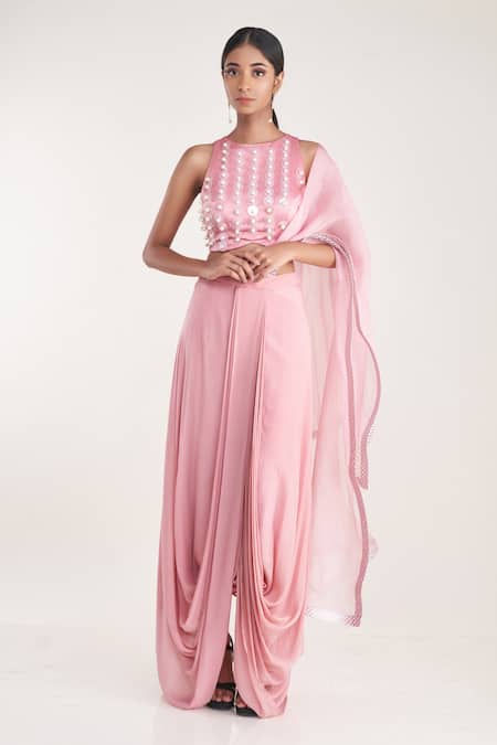 Pooja Bagaria Pink Drape  Pure Silk Organza Pre-stitched Dhoti Saree With Sleeveless Blouse