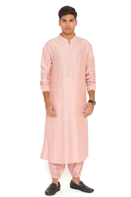 PS Men by Payal Singhal Pink Abla Silk Solid Bomber Kurta And Jogger Pant Set 