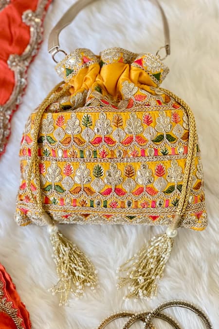 ESSEMM Embroidered Yellow Potli With Tassel Handle 