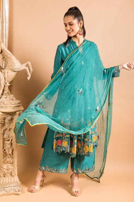 Shop_Sunita Nagi_Green Dupion Embroidered Leather Notched Round Neck Applique Kurta Palazzo Set _Online_at_Aza_Fashions