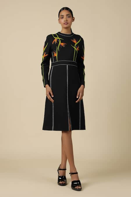 Shahin Mannan Black Jersey Embroidery Round Neck Bird Of Paradise Front Slit Open Dress