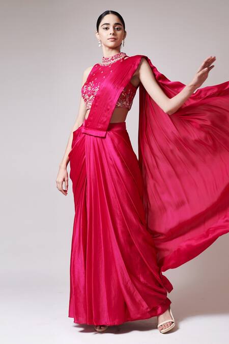 Shop GG By Asha Gautam Pink Satin Georgette Embroidered Floral Pre-draped Saree With Blouse at Aza Fashions Shop_GG By Asha Gautam_Pink Satin Georgette Embroidered Floral Pre-draped Saree With Blouse _at_Aza_Fashions
