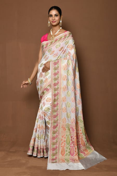 Nazaakat by Samara Singh White Banarasi Silk Woven Floral Saree