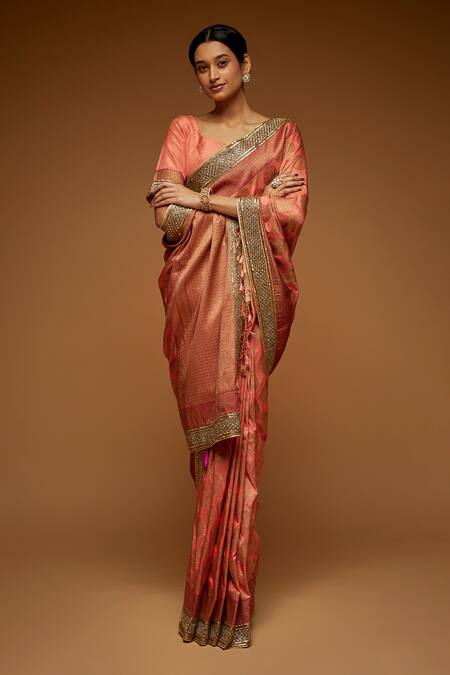 Neeta Lulla Orange Brocade Zari, Embroidery Sweetheart Neck Mandala Zardozi Banarasi Saree 