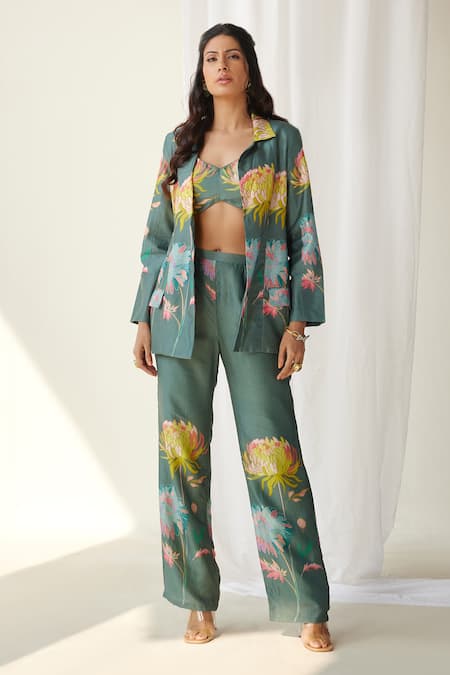 Koashee by Shubitaa Green Silk Printed Floral Lapel Collar Pant Set 