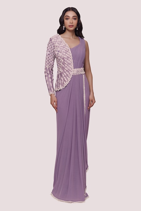 Embroidery Work Pinkish Purple Designer Saree Gown BP0846