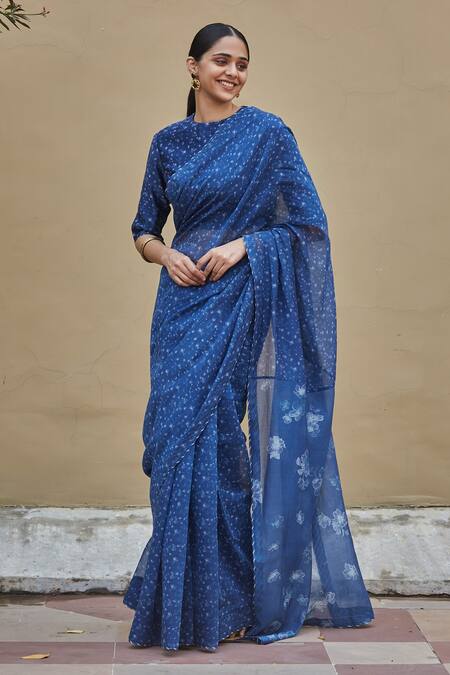 Vaayu Blue Cotton, Muslin Embroidery Round Bloom Discharge Print Saree With Blouse Online at Aza Fashions Vaayu_Blue Cotton, Muslin Embroidery Round Bloom Discharge Print Saree With Blouse_Online_at_Aza_Fashions