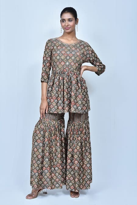 Samyukta Singhania Multi Color Muslin Silk Printed Floral Jaal Round Kurta And Sharara Set 