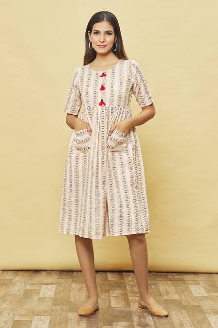 Buy Samyukta Singhania Off White Cotton Blend Stripe Print Dress at Aza Fashions Buy_Samyukta Singhania_Off White Cotton Blend Stripe Print Dress_at_Aza_Fashions