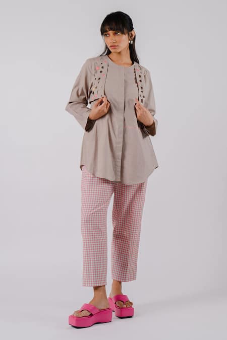 Tussah By Siddhi Shah Grey Cotton Embroidery, Cut Work Round Neck Flap Shirt With Checkered Pant 