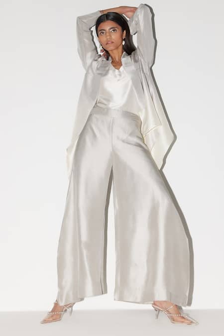 Buy Grey Silk Plain Flared Trouser For Women by FEBo6 Online at