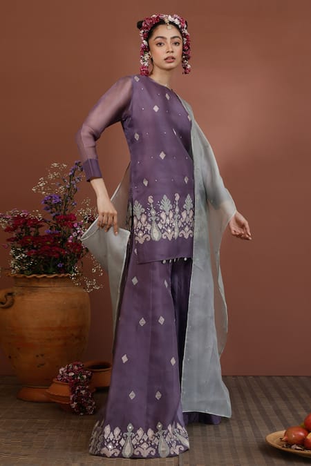 Neha Poddar Purple Short Kurta Organza Embroidery Mirror Round Applique Work Sharara Set 