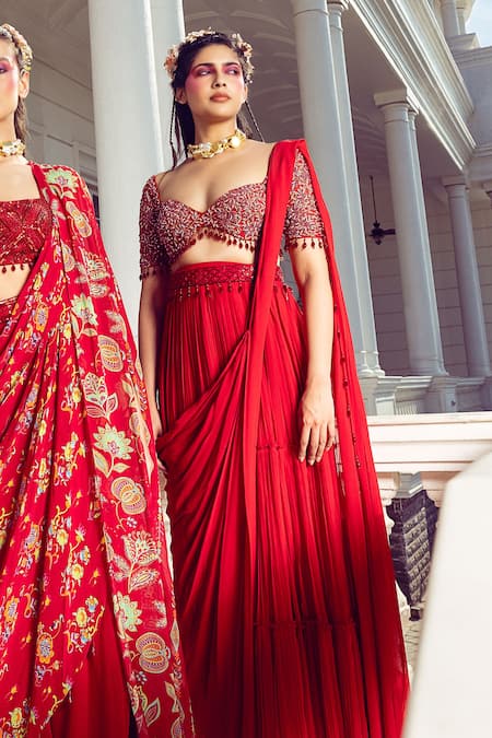DiyaRajvvir Red Tulle Embroidered Floral Blouse And Pre-draped Skirt Saree Set 
