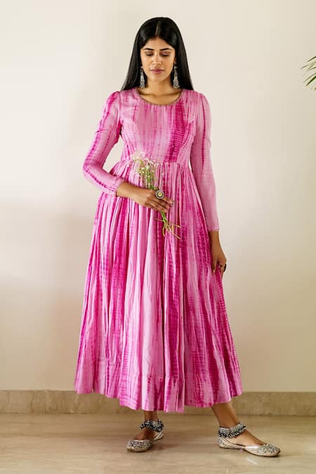 Cupid Cotton Pink Silk, Cotton Embroidery Round Neck Tie Dye Pattern Anarkali Set 