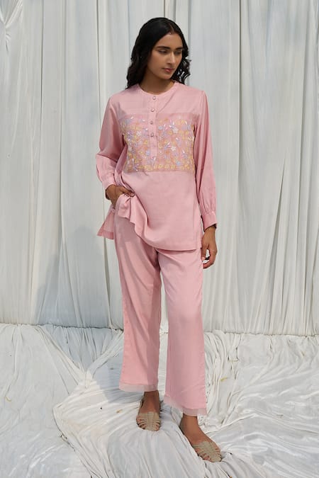 Ayaka Pink Cotton Embroidery Round Neck Floral Top 