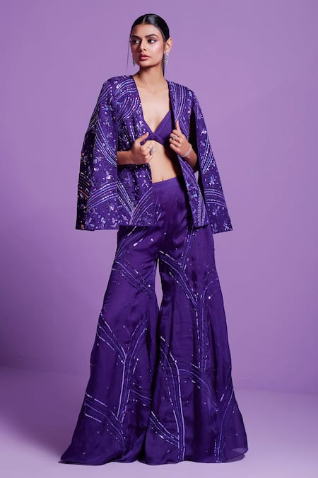 Parul Gandhi Purple Satin, Organza, Cotton Sequins, Embellished Cape Sleeve Jacket Pant Set