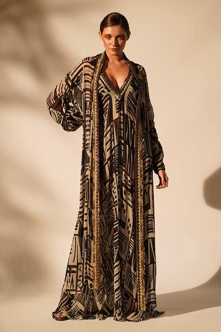 Nikita Mhaisalkar Abstract Print Gown With Jacket 