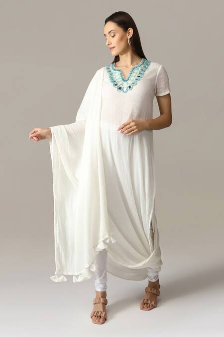 ANEEHKA White 100% Crinkle Cotton Hand Embroidered Yoke Kurta And Churidar Set 