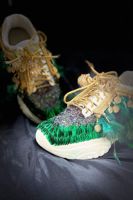 Buy Multi Color Embellished The Peacock Cutdana Wedding Sneakers