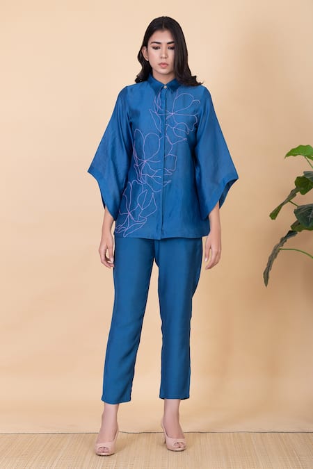Chambray & CO. Jade Flower Embroidered Shirt & Pant Set 