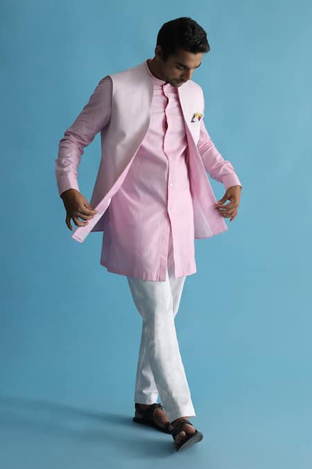 menswear Powder pink Nehru jacket with geometric Mirrorwork embroidery  paired with a slate grey drape kurta and pant pajama set – Smriti Apparels