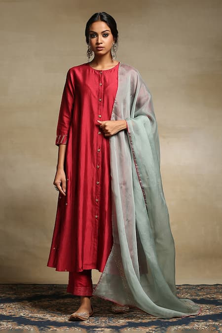 Weaver Story Red Dupatta Organza, Handwoven Pure Chanderi, Kurta Lining Embroidered Set 