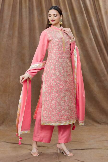 Buy_Aiman_Pink Cotton, Silk Gota Patti, Embroidery, Tassels Leaf Kurta Palazzo Set_Online_at_Aza_Fashions