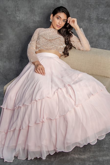 Sunita Bhandari Pink Viscose, Georgette, Net Cut Work, Sequins, Layered Lehenga And Blouse Set