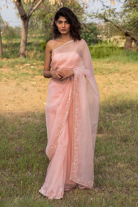 Buy Pink Saree 100% Silk Organza Embroidery Aari Hand With Blouse For Women  by Zoon Online at Aza Fashions.