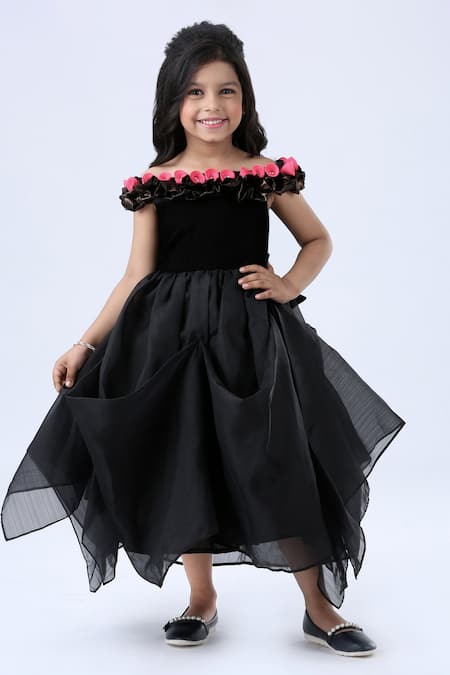 Pinkcow designs pvt ltd Black Organza Embroidery Applique Floral Draped Gown 