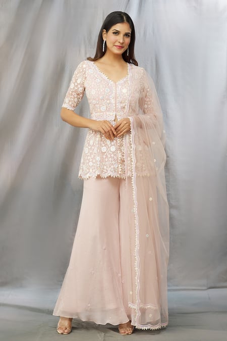 Shlok Design Peach Organza Embroidered Kashmiri Aari V Neck Kurta Sharara Set 