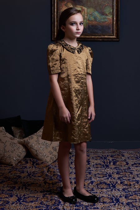 Swati Golyan Gold Handloom Cotton, Lurex Sequins, Embroidered Collar Princess Seam Dress 