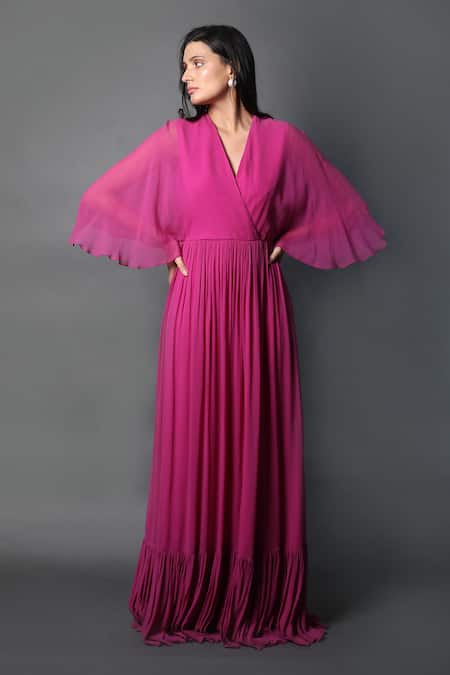 Swatee Singh_Magenta Georgette V-neck Pleated Hem Kaftan Sleeve Gown _at_Aza_Fashions