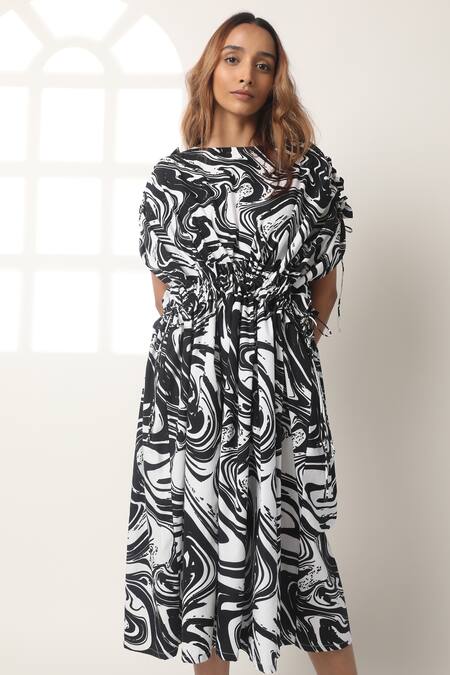Asymmetrical Batik Cotton Caftan Dress - Raining Leaves | NOVICA