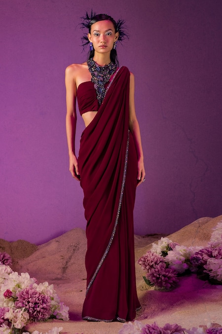 Maroon Ruffled Pre-Stitched Saree Set – SeemaThukral