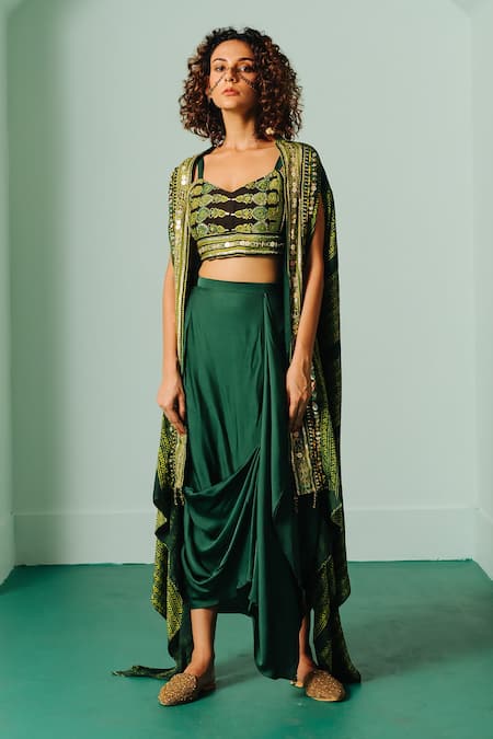 Prahnaaya Green Satin Sequins, Embroidery Sweetheart Neck Printed Cape And Draped Skirt Set