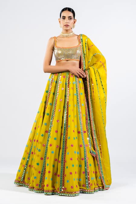 Vvani By Vani Vats Green Georgette, Satin Sequins, Mirrors Square Neck Floral Pattern Lehenga Set 