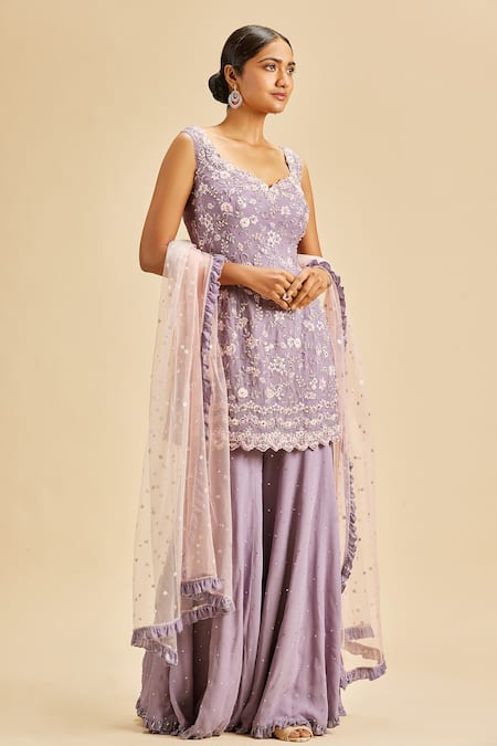 Nitika Gujral Purple Kurta And Sharara Shimmer Georgette & Dupatta Floral Sleeveless Set 