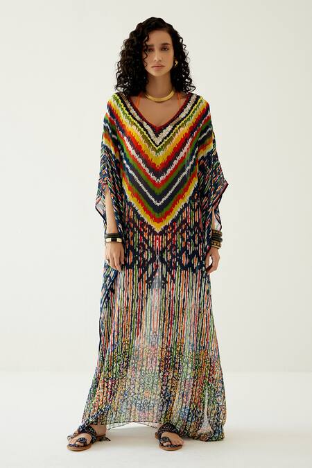 Payal Jain Black Georgette Abstract Pattern V Neck Striped Kaftan
