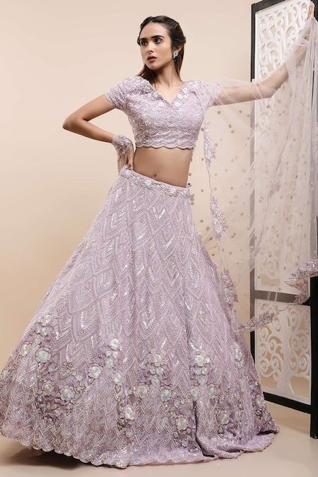 Kalighata Purple Net Sequins, Cut Work V-neck Embellished V Bridal Lehenga Set 