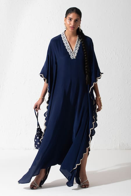 Buy Blue Crepe Embroidered Zardozi V Neck Haya Neckline Kaftan For ...