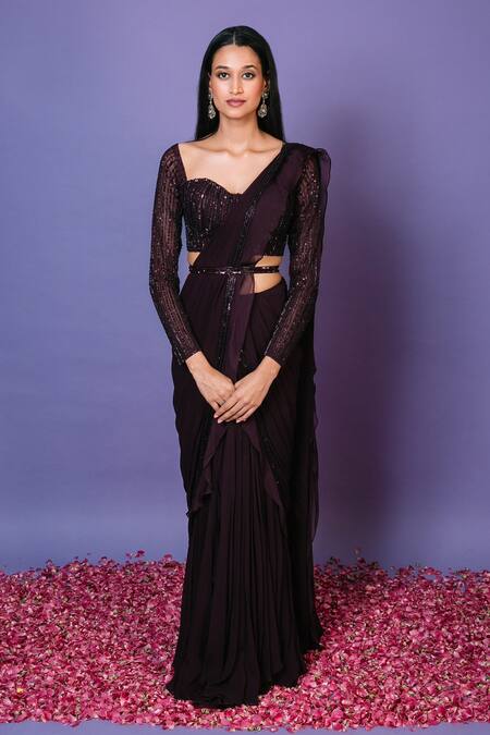 Pritika Vora_Wine Georgette, Organza, Net Sequins, Embroidered Ruffle Saree Set With Belt_Online_at_Aza_Fashions