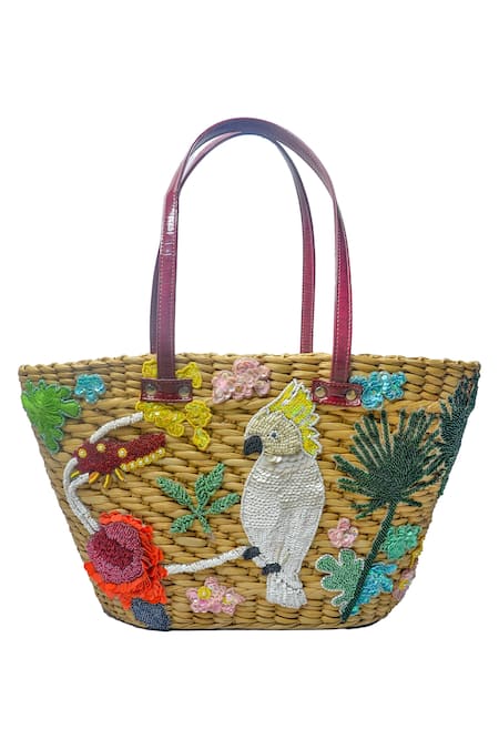 GINN AND TONIK Beige Bead And Sequin Cockatoo Embellished Beach Bag 