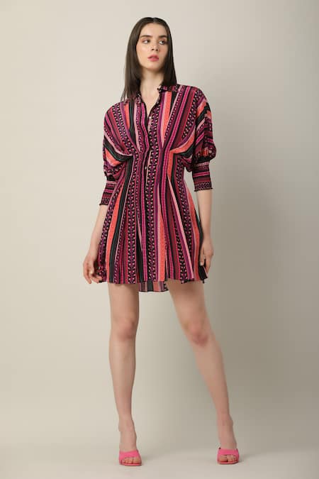 Limerick By Abirr N' Nanki Multi Color Crepe Mandarin Collar Laurel Stripe Print Dress 