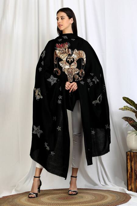 Dusala Black Aries Sequin Pipe Embroidered Shawl
