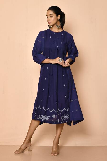 Samyukta Singhania Blue Handloom Cotton Woven Geometric Round Jamdani Pattern Kurta 