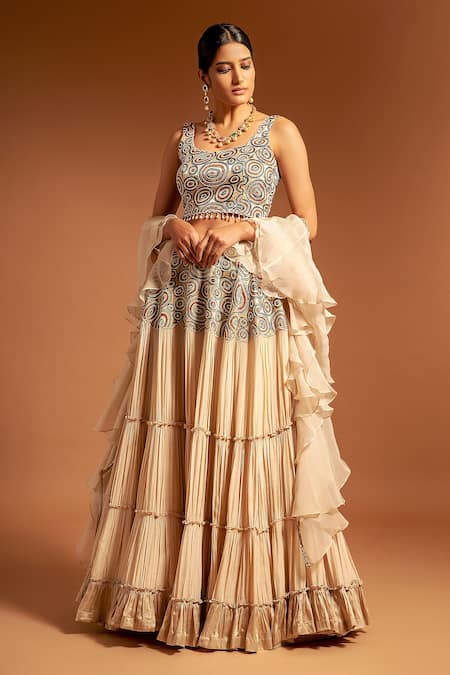 Sejal Kamdar Ivory Pure Satin Crepe Embellished Ajrak Scoop And Gajji Silk Tiered Lehenga Set 